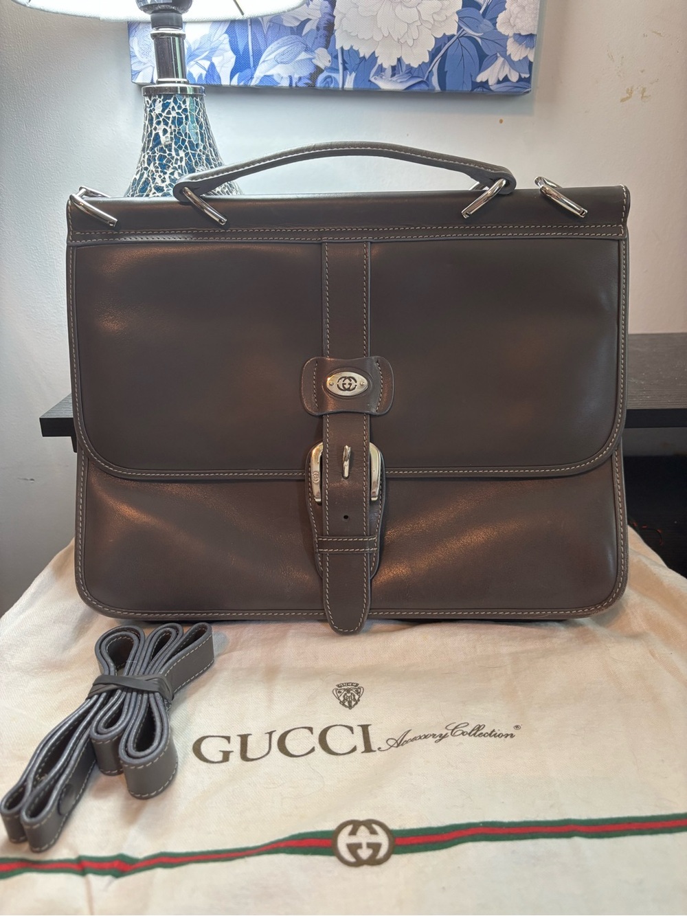 Authentic RARE Vintage Gucci Gray Leather Document Briefcase W/strap & Dustbag